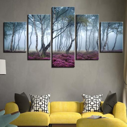 4222020-CV-71 Foggy Forest Trees 5 pièces Peinture sur Toile Impression sur Toile Toile Art