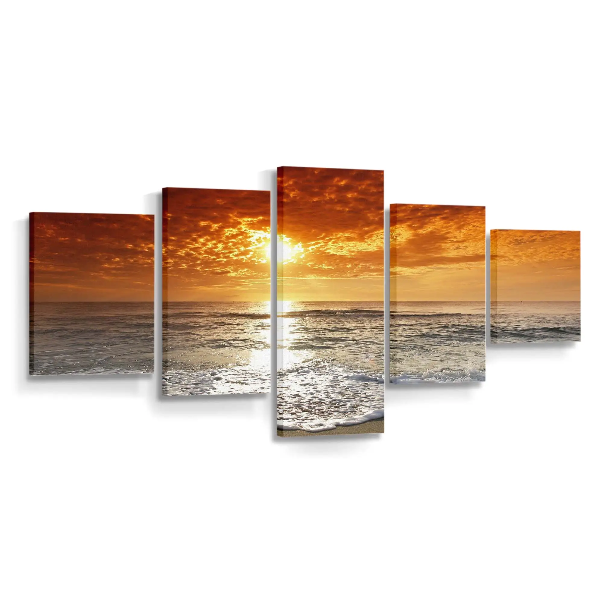 Sonnenuntergang an der Küste mit Goldenem Himmel Leinwandbild