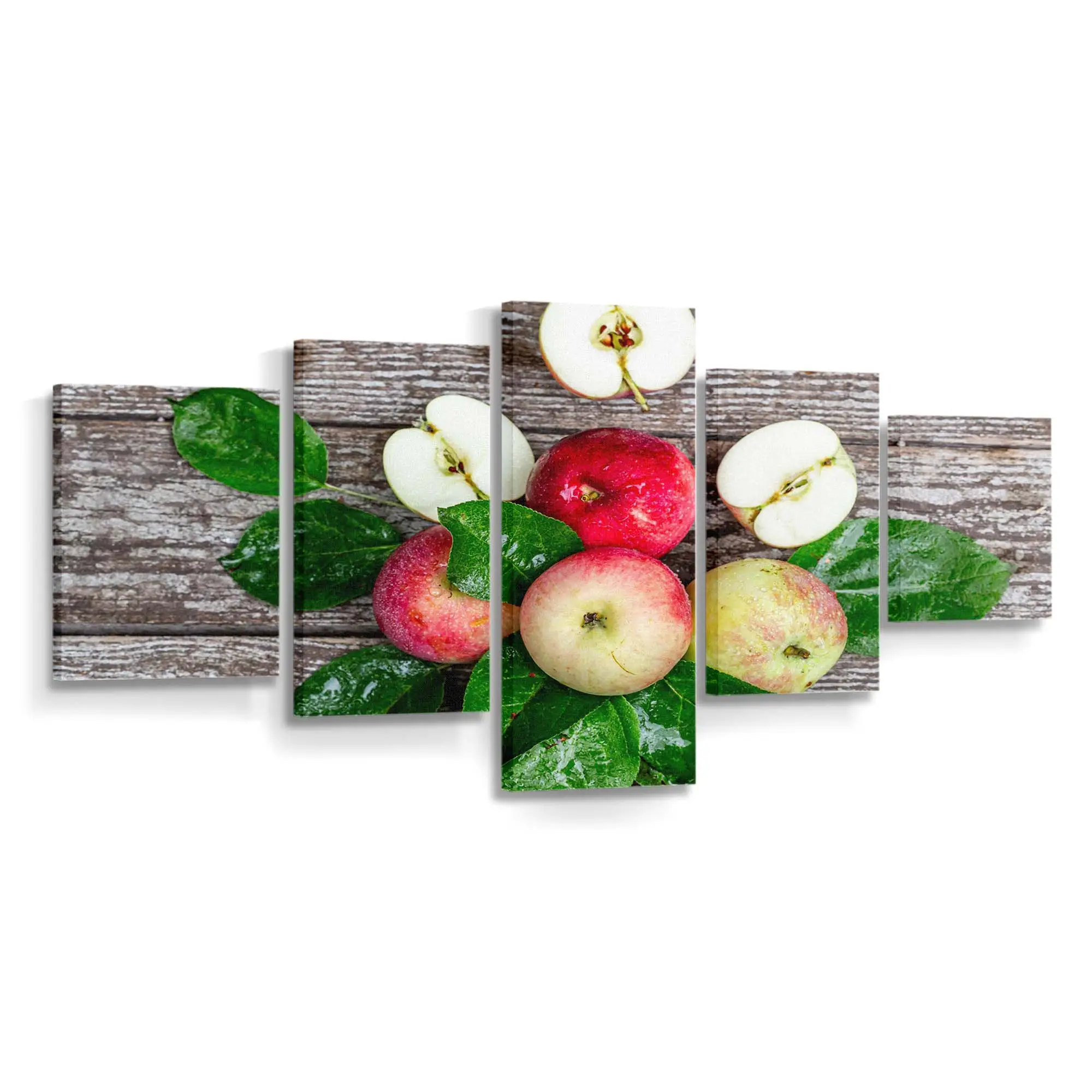 Frische Äpfel mit Blättern auf Holztisch Leinwandbild