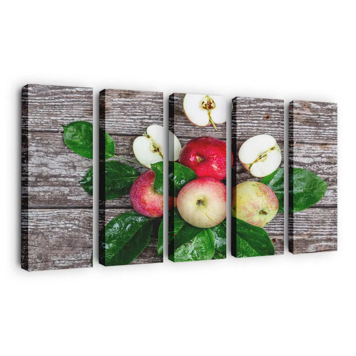 Frische Äpfel mit Blättern auf Holztisch Leinwandbild