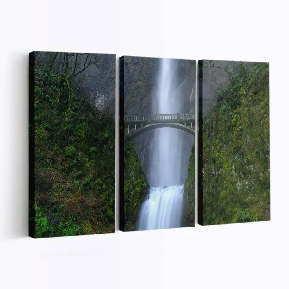 Holzbrücke über WaldWasserfall – Waldwasserfall Leinwandbild